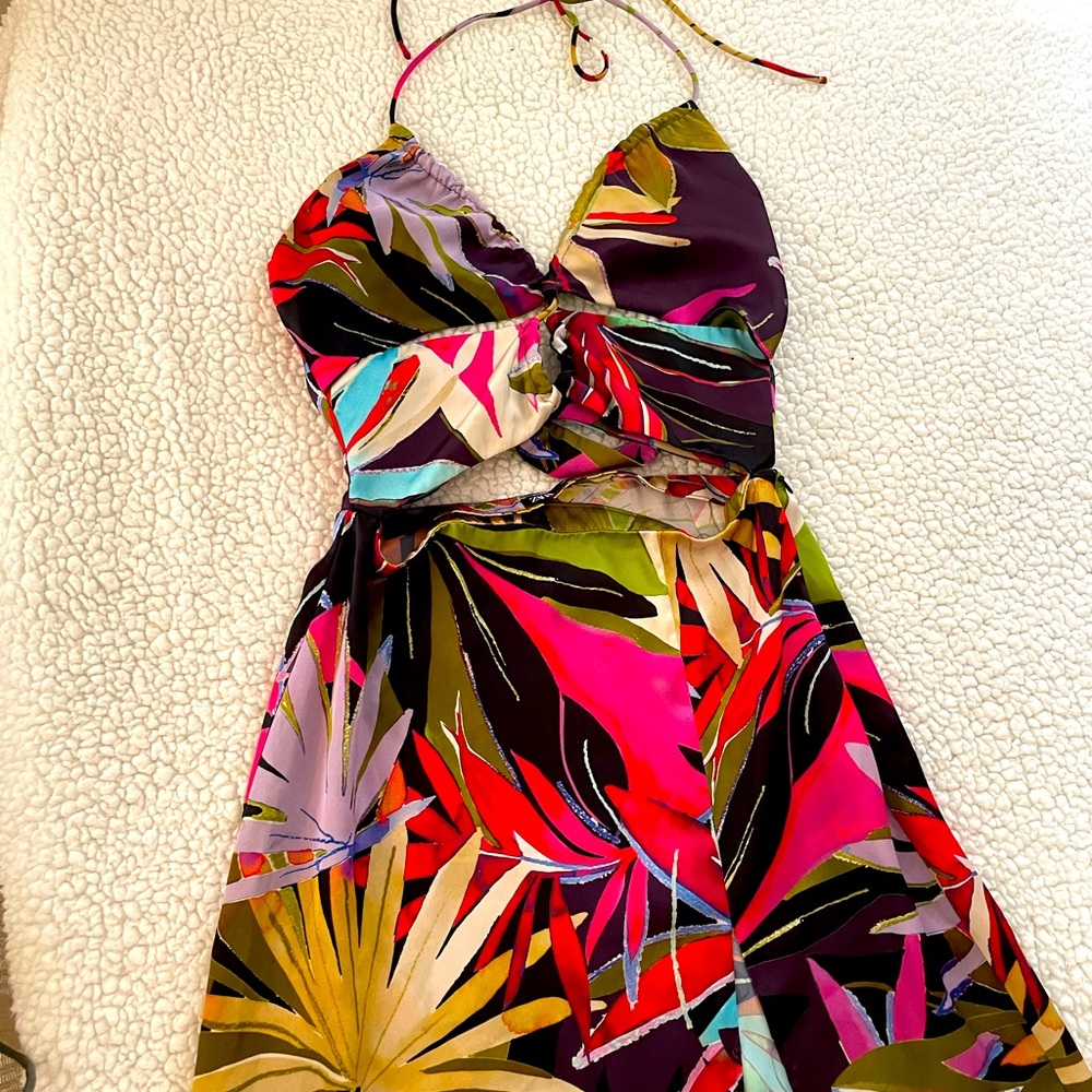 Zara, midriff, colorful, spring summer dress, Small, long dress front side slit
